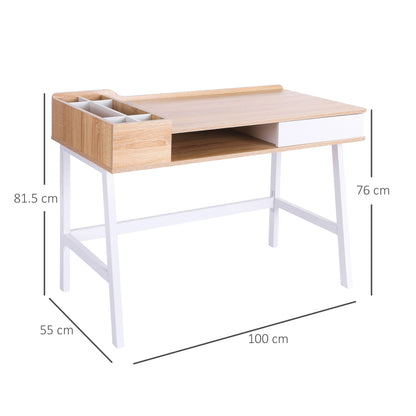 HOMCOM Computer Writing Desk Workstation with Drawer, Storage Compartments, Cable Management, Laptop Table Metal Frame Oak and White