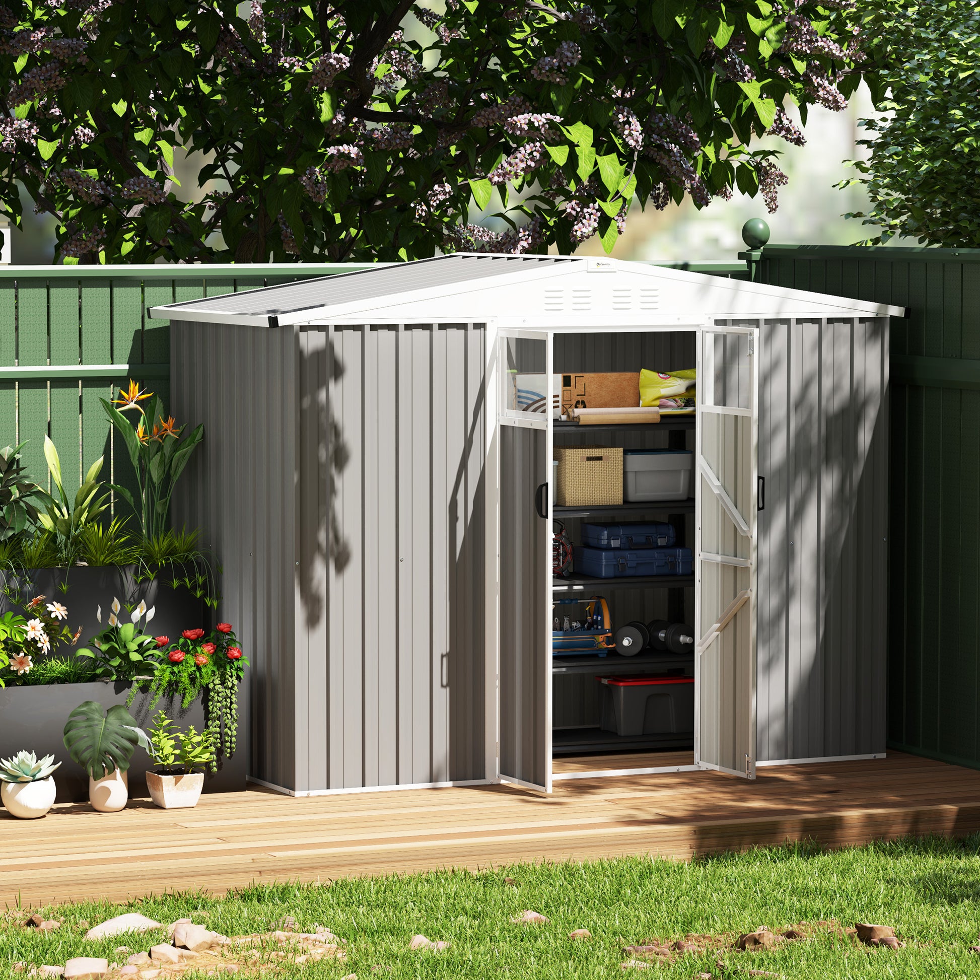 Outsunny 8 x 4 ft Metal Garden Shed, Garden Storage Shed with Window, 4 Vents and Lockable Door, Waterproof Galvanised Steel Tool Storage Shed, Light Grey