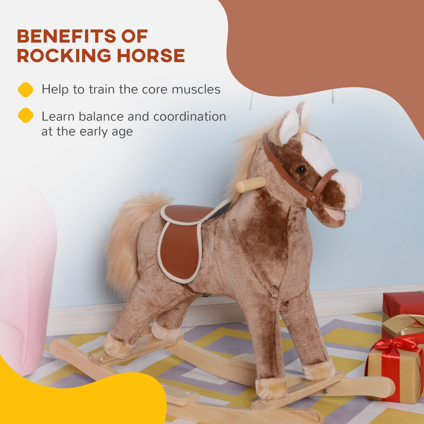 HOMCOM Kids Plush Rocking Horse-Brown