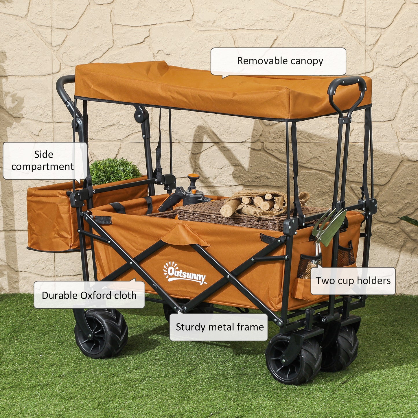 Outsunny 120L Festival Trolley on Wheels, Folding Camping Trolley Cart with Removable Canopy, All-Terrain Wheels, Adjustable Handle and Side Pockets for Garden Beach Fishing Shopping, Orange
