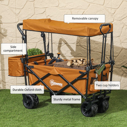 Outsunny 120L Festival Trolley on Wheels, Folding Camping Trolley Cart with Removable Canopy, All-Terrain Wheels, Adjustable Handle and Side Pockets for Garden Beach Fishing Shopping, Orange