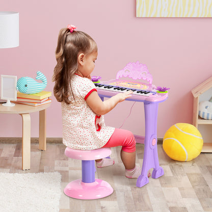 HOMCOM Mini Electronic Organ Piano W/Microphone and Stool-Purple/Pink