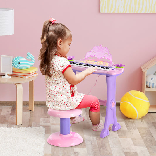 HOMCOM Mini Electronic Organ Piano W/Microphone and Stool-Purple/Pink