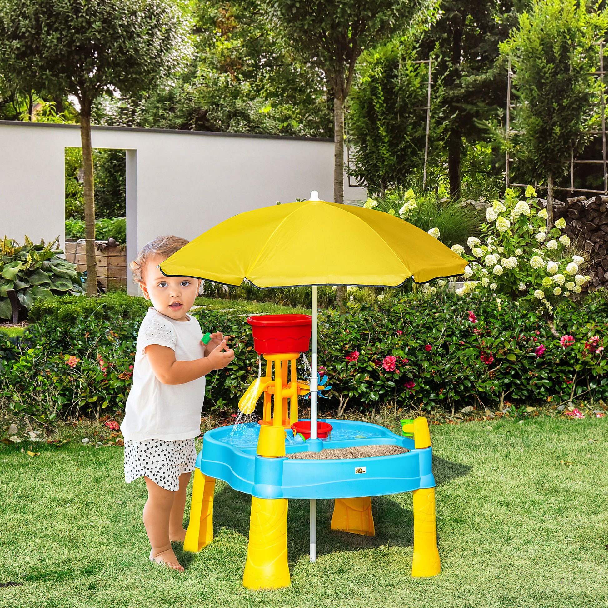 HOMCOM 2 in 1 Sand and Water Table w/ Accessories, Adjustable Parasol - Multicoloured