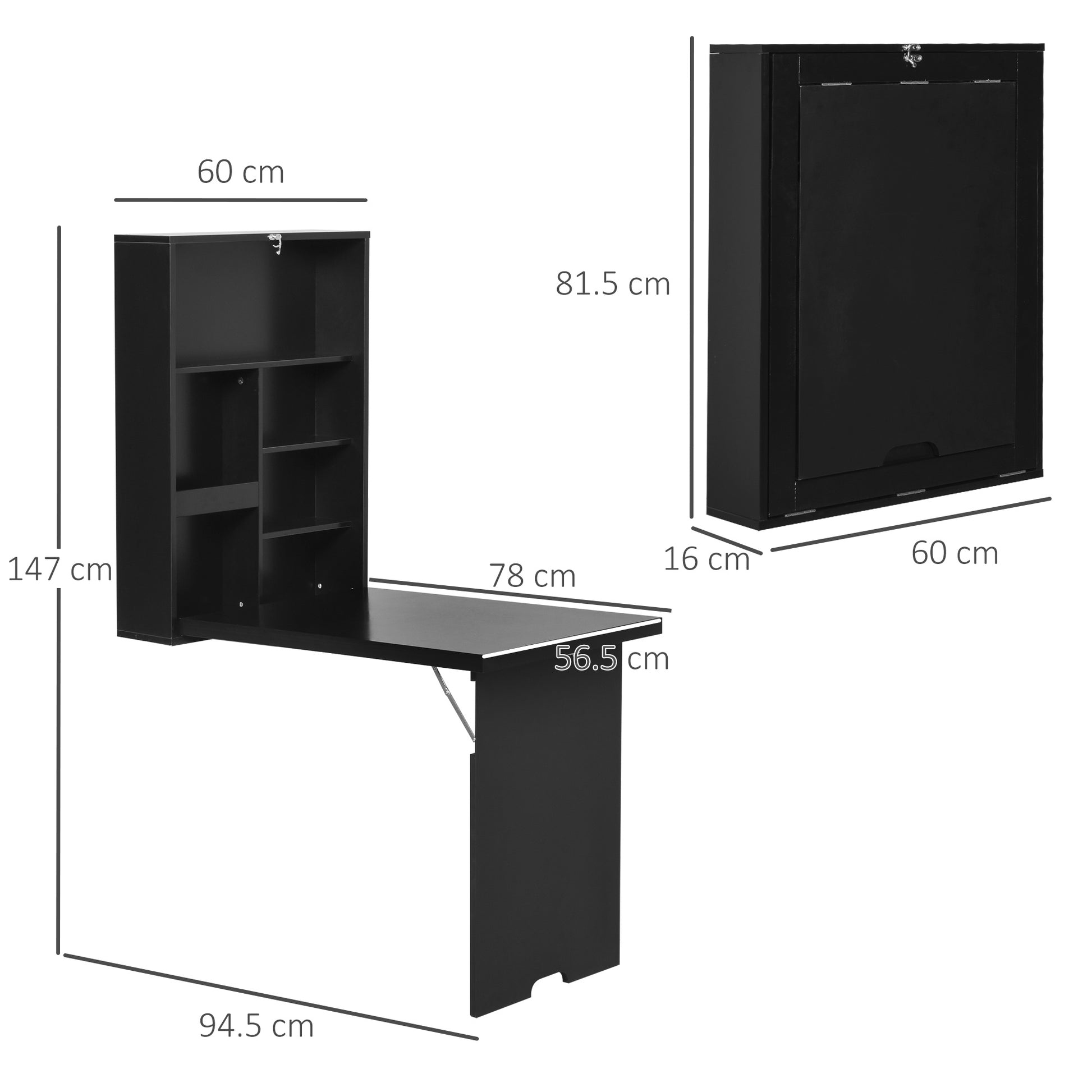 HOMCOM Folding Wall-Mounted Drop-Leaf Table With Chalkboard Shelf Multifunction Black
