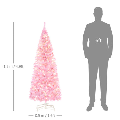 HOMCOM 5' Tall Prelit Pencil Slim Artificial Christmas Tree with Realistic Branches, 250 Warm White LED Lights and 408 Tips, Xmas Decoration, Pink