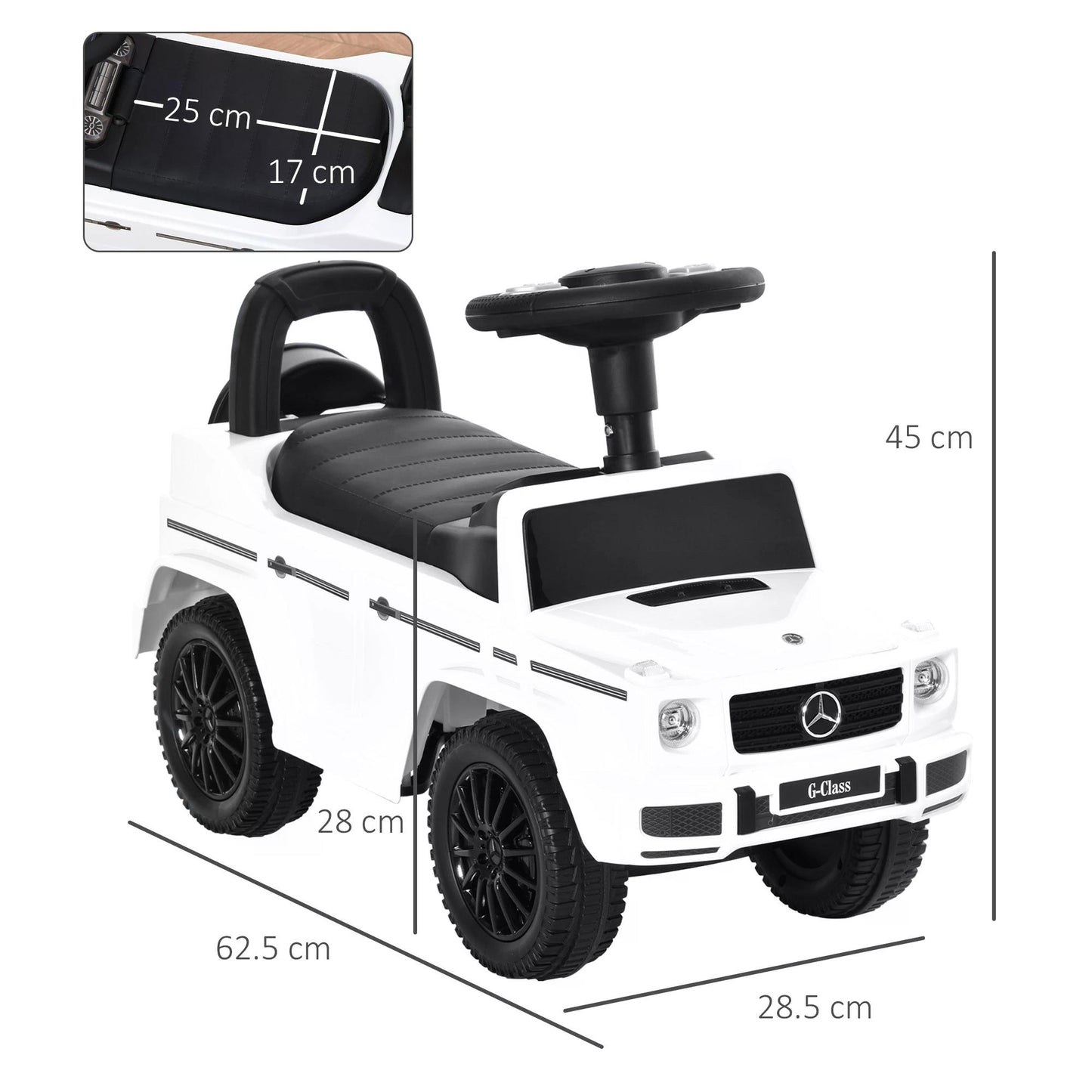 HOMCOM Aosom Compatible Baby Push Handle Sliding Car Mercedes-Benz G350 Licensed Foot to Floor Slider Stroller w/ Horn Under Seat Storage White