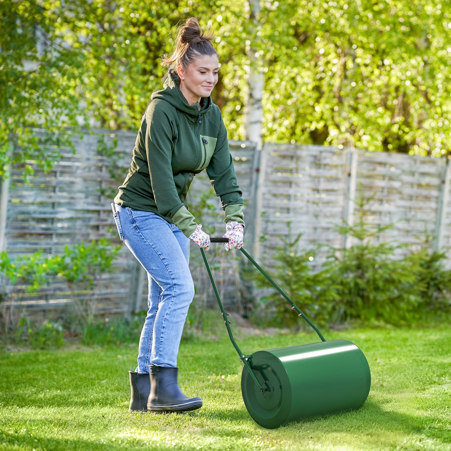 Outsunny 63 L Heavy Duty Water Or Sand Filled ?30cm Garden Steel Lawn Roller Drum - Dark Green
