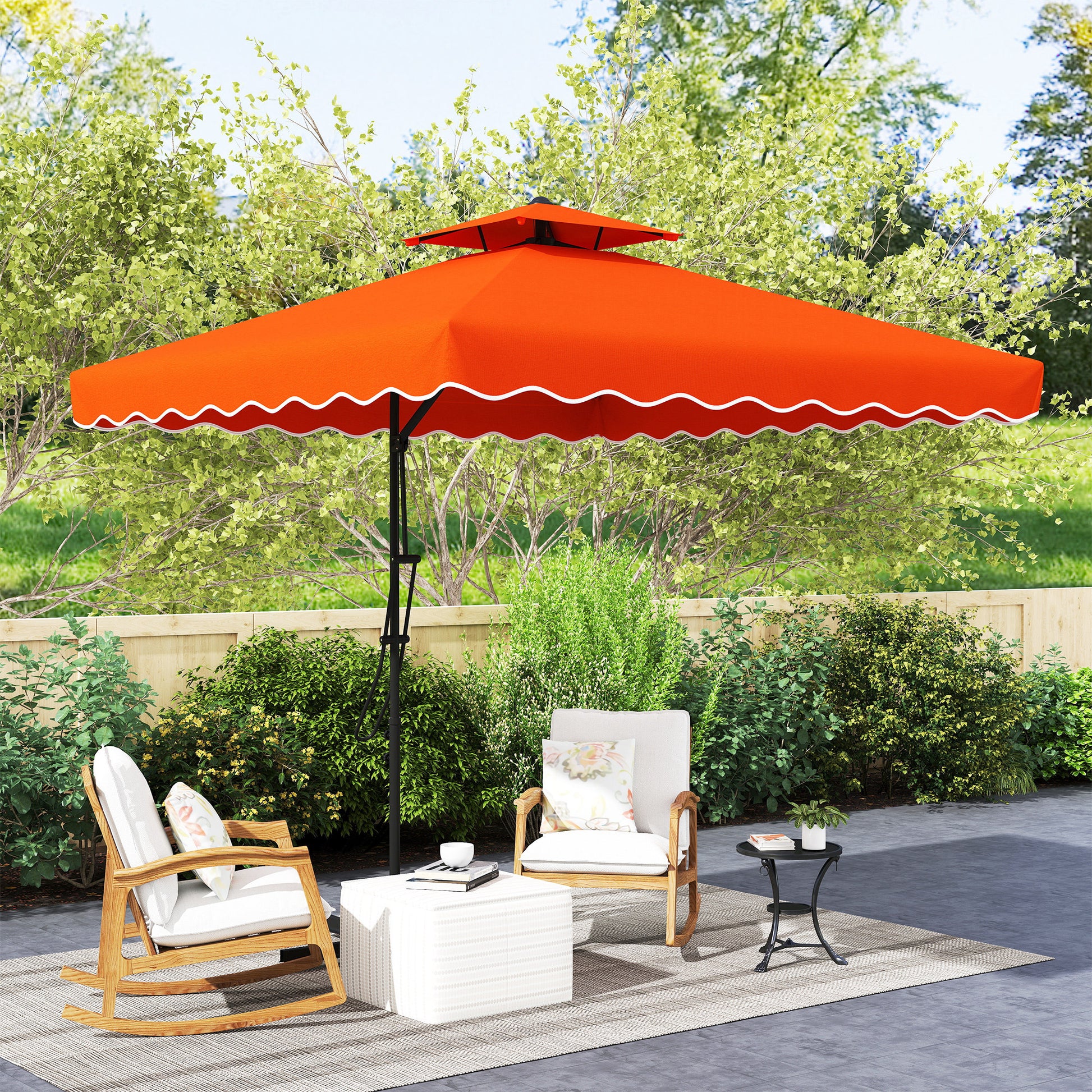 Outsunny 2.5m Cantilever Parasol with Easy Lever, Square Double Top Garden Parasol Umbrella with Ruffles and Cross Base, Overhanging Outdoor Sun Shades, Orange