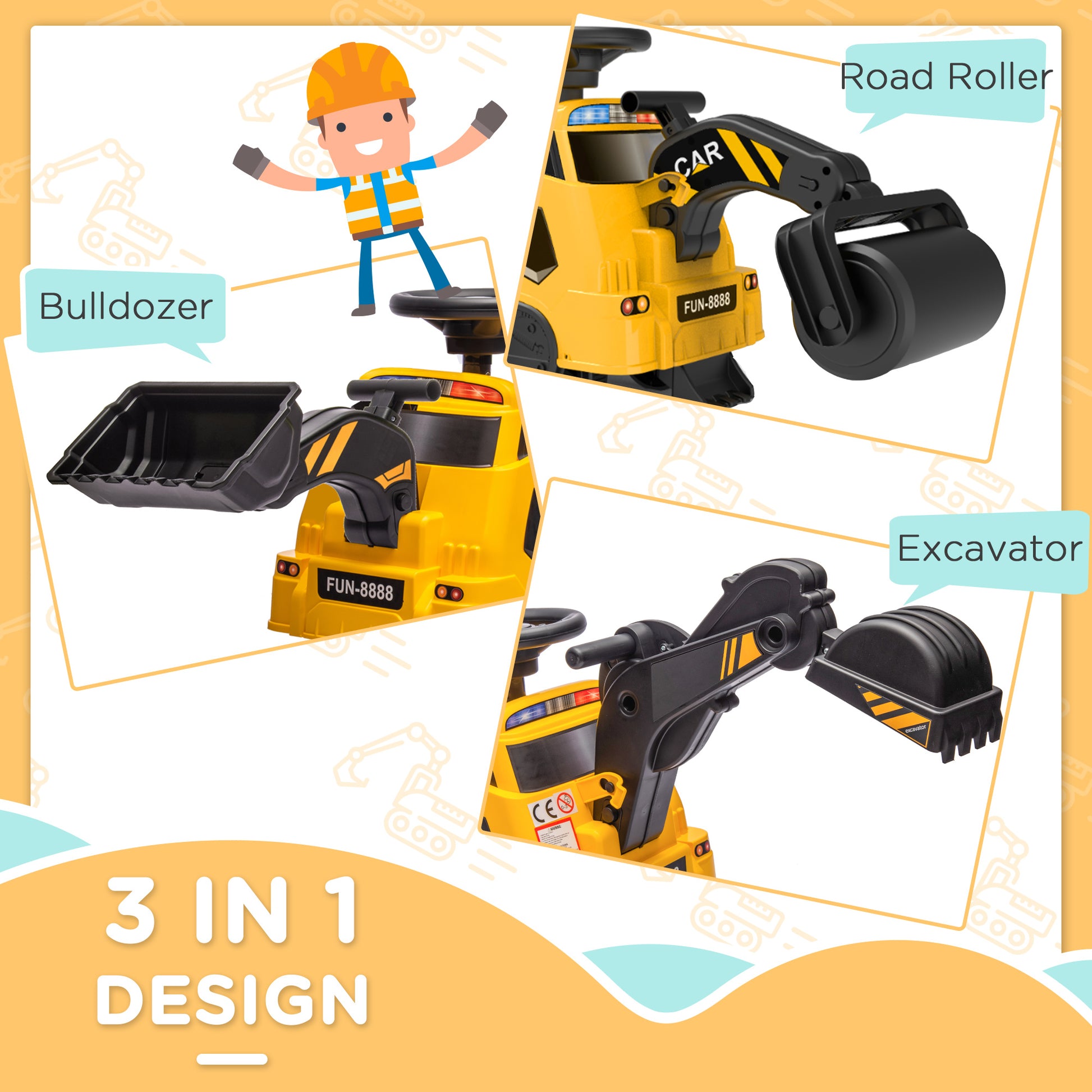 HOMCOM Ride on Tractor, 3 in 1 Ride on Excavator, Bulldozer, Road Roller, Pretend Play Construction No Power Truck w/ Music, for 18-48 Months, Yellow