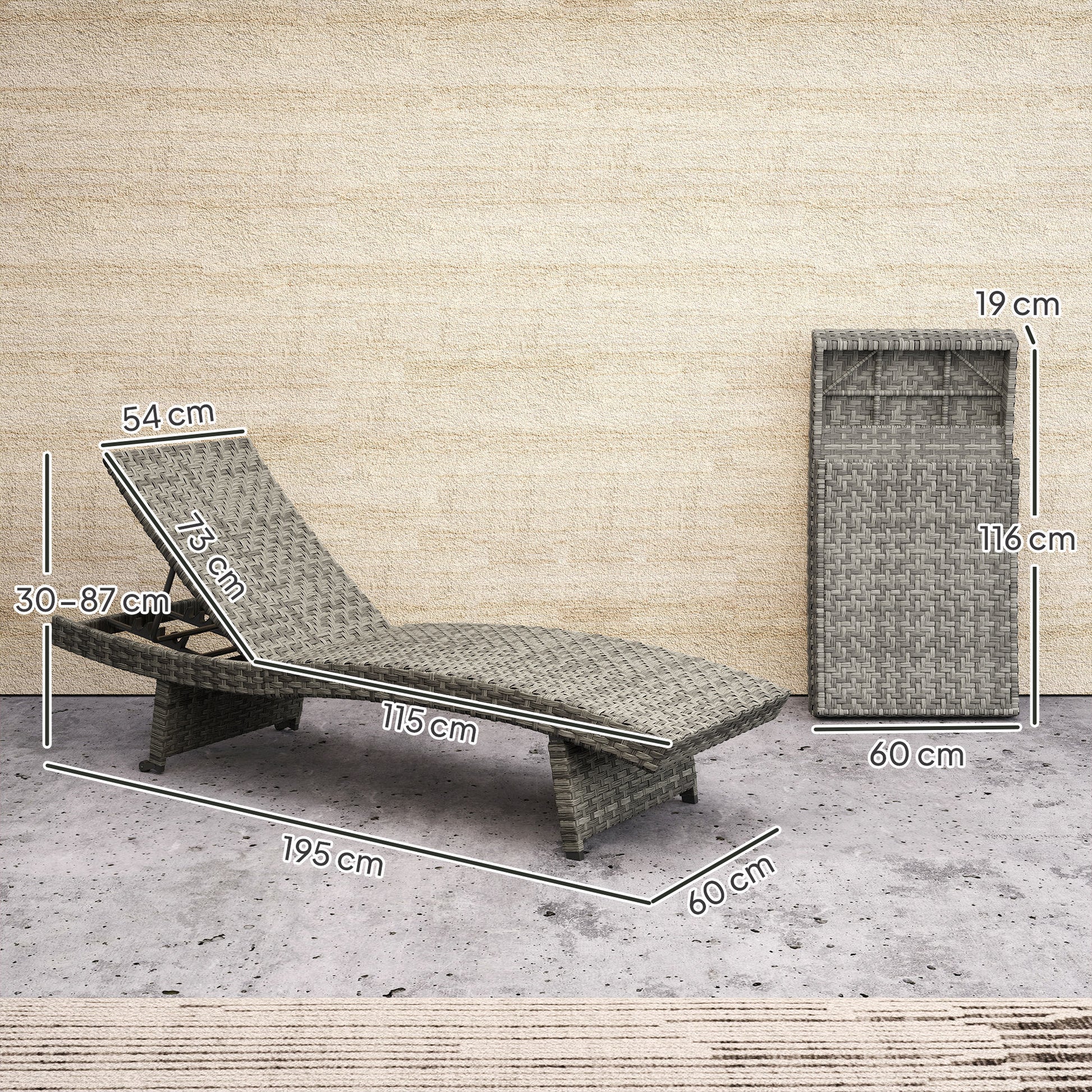 Outsunny Outdoor PE Rattan Sun Lounger, Folding Wicker Garden Lounger Recliner with 4-Level Adjustable Backrest, Rolling Sunbed Lounge Chair with Wheels, Non-Slip Legs for Balcony, Beach, Mixed-grey