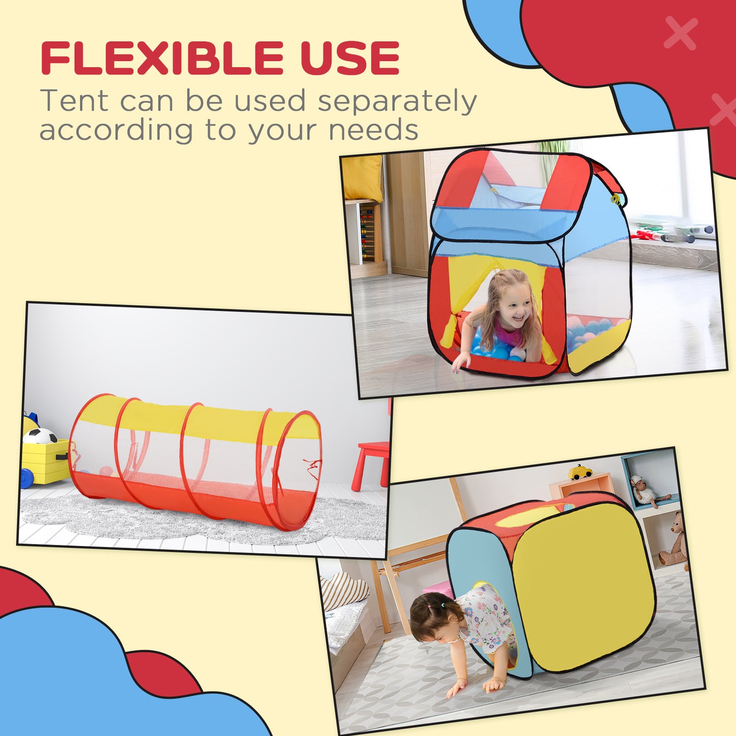 HOMCOM Toddler Polyester 3 in 1 Pop Up House Tent Play Tunnel Multi-Colour