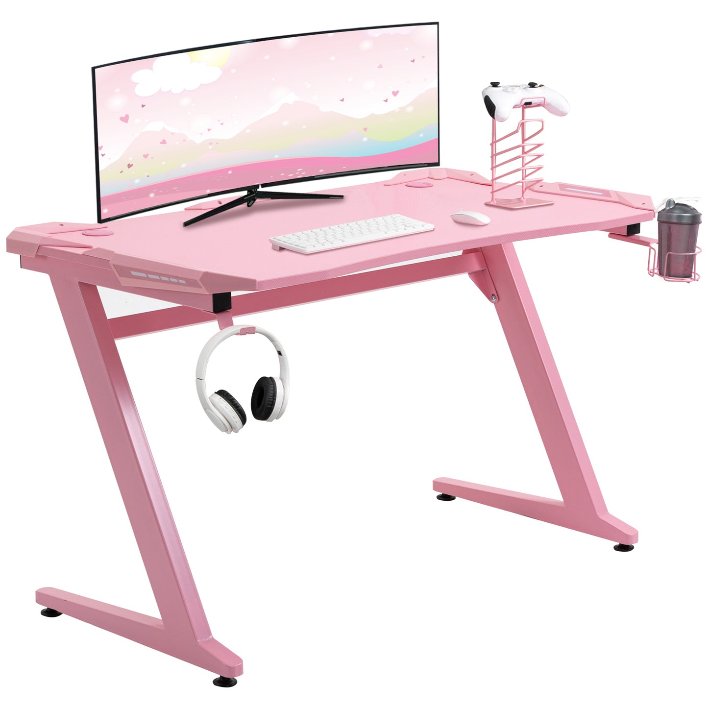 HOMCOM Gaming Desk, Ergonomic Home Office Desk, Gamer Workstation Racing Table, with Headphone Hook and Cup Holder, 122 x 66 x 86cm, Pink