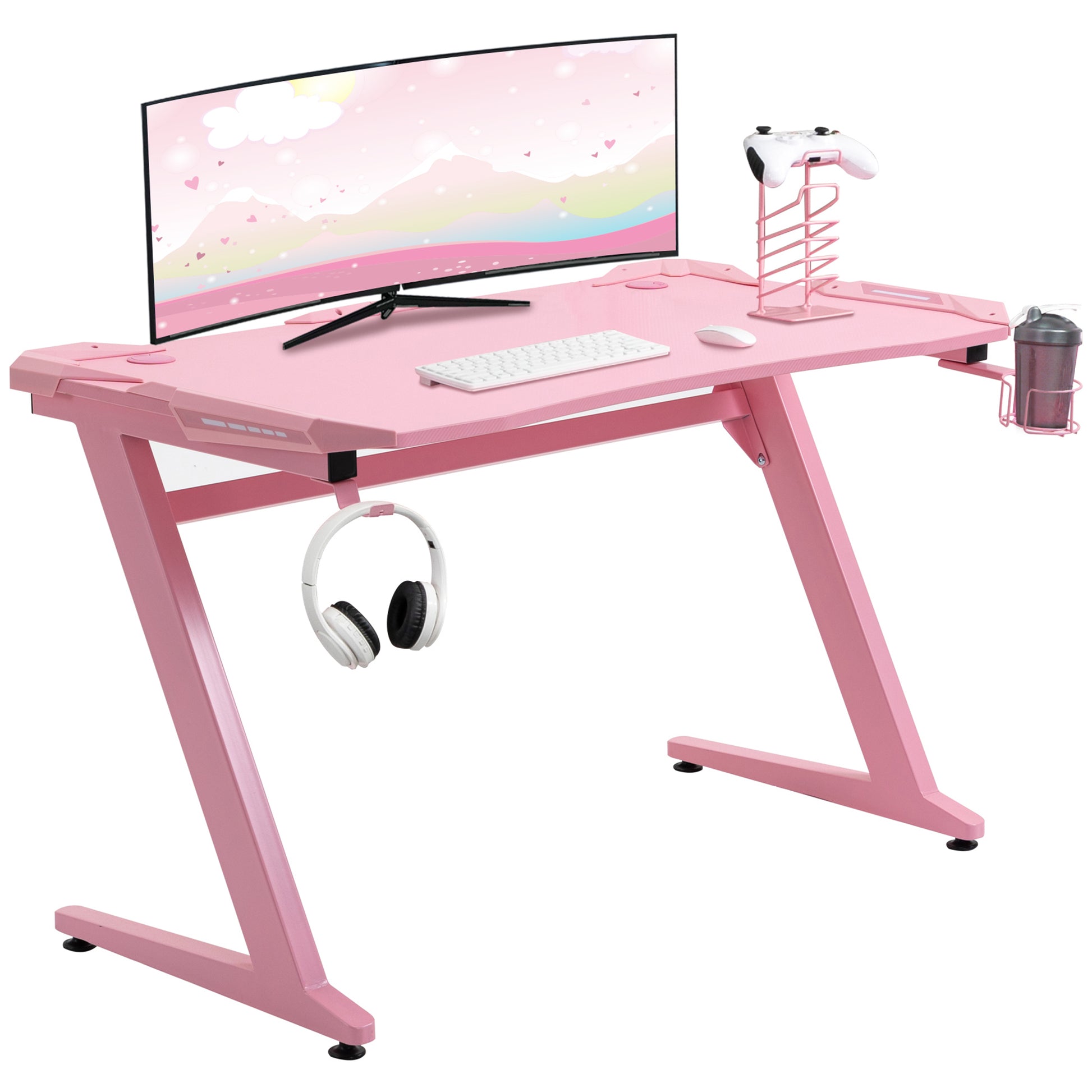 HOMCOM Gaming Desk, Ergonomic Home Office Desk, Gamer Workstation Racing Table, with Headphone Hook and Cup Holder, 122 x 66 x 86cm, Pink
