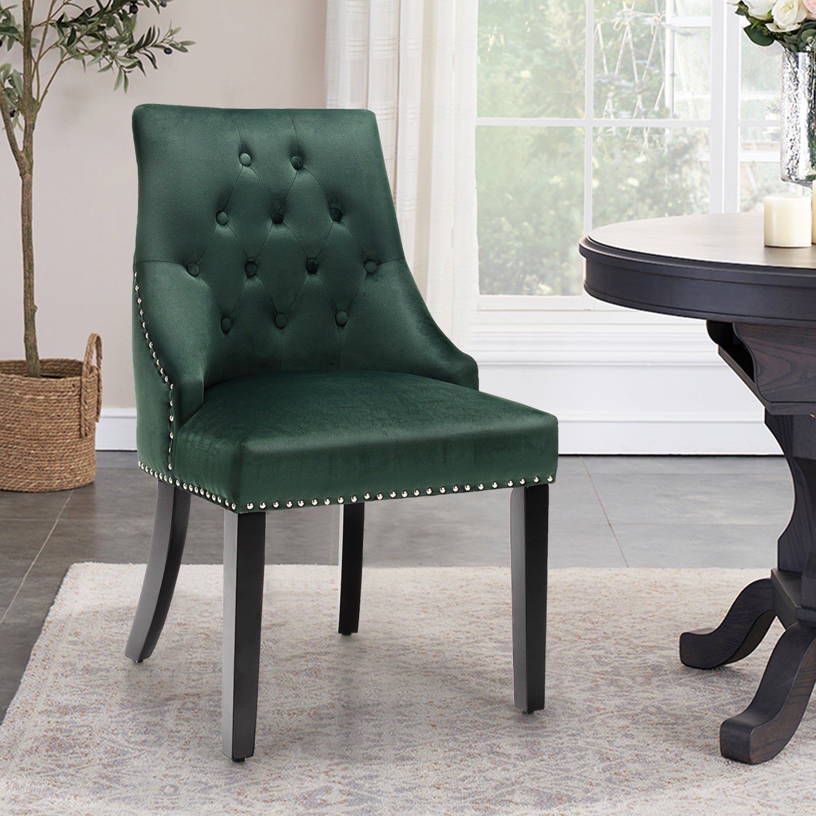 Modern Button-Tufted Velvet Studded Dining Chair with Nail head Trim-Green