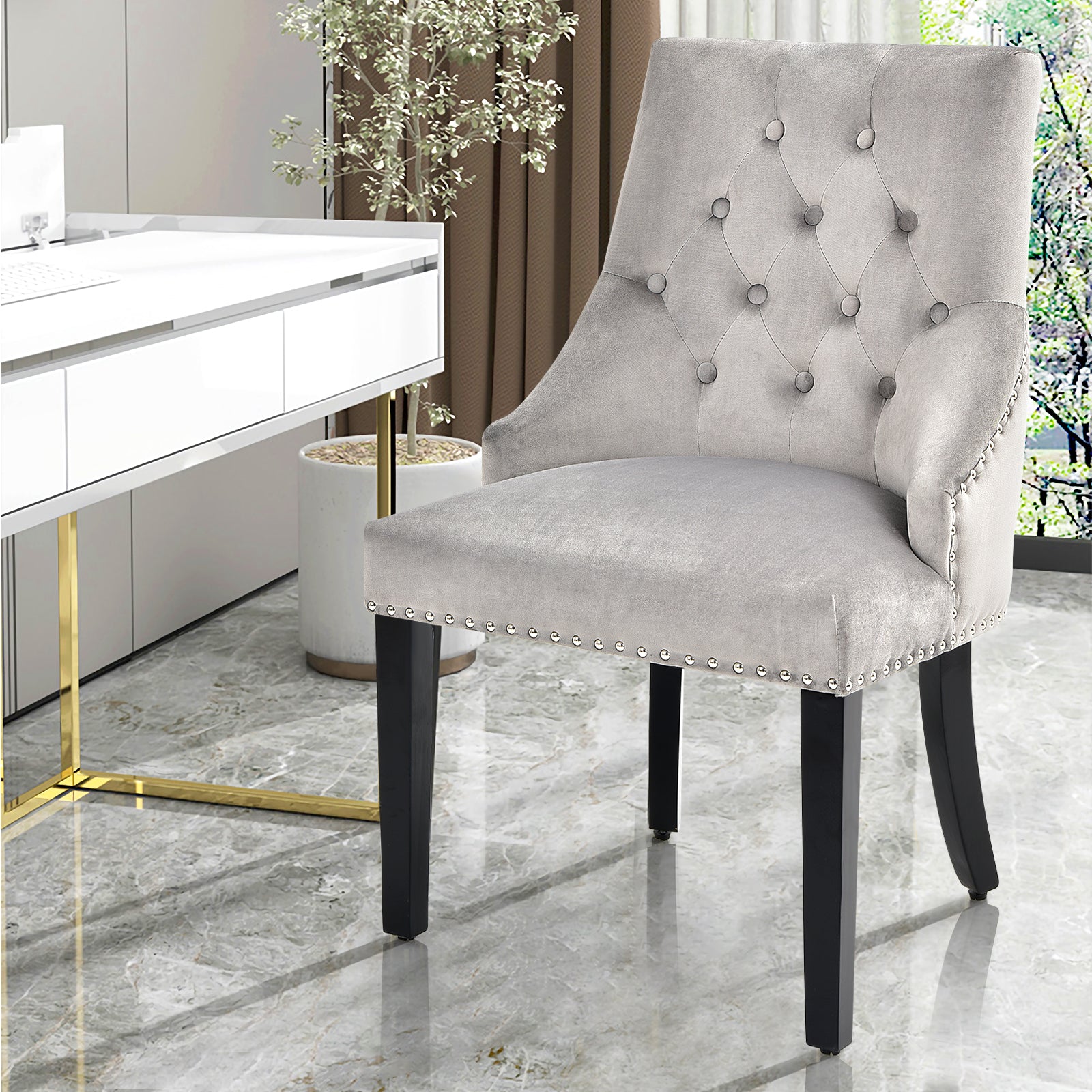 Modern Button-Tufted Velvet Studded Dining Chair with Nail head Trim-Grey