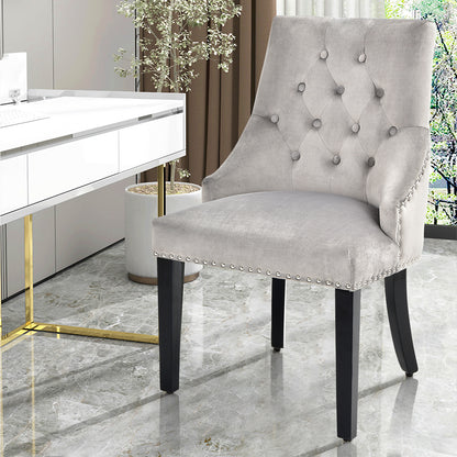 Modern Button-Tufted Velvet Studded Dining Chair with Nail head Trim-Grey