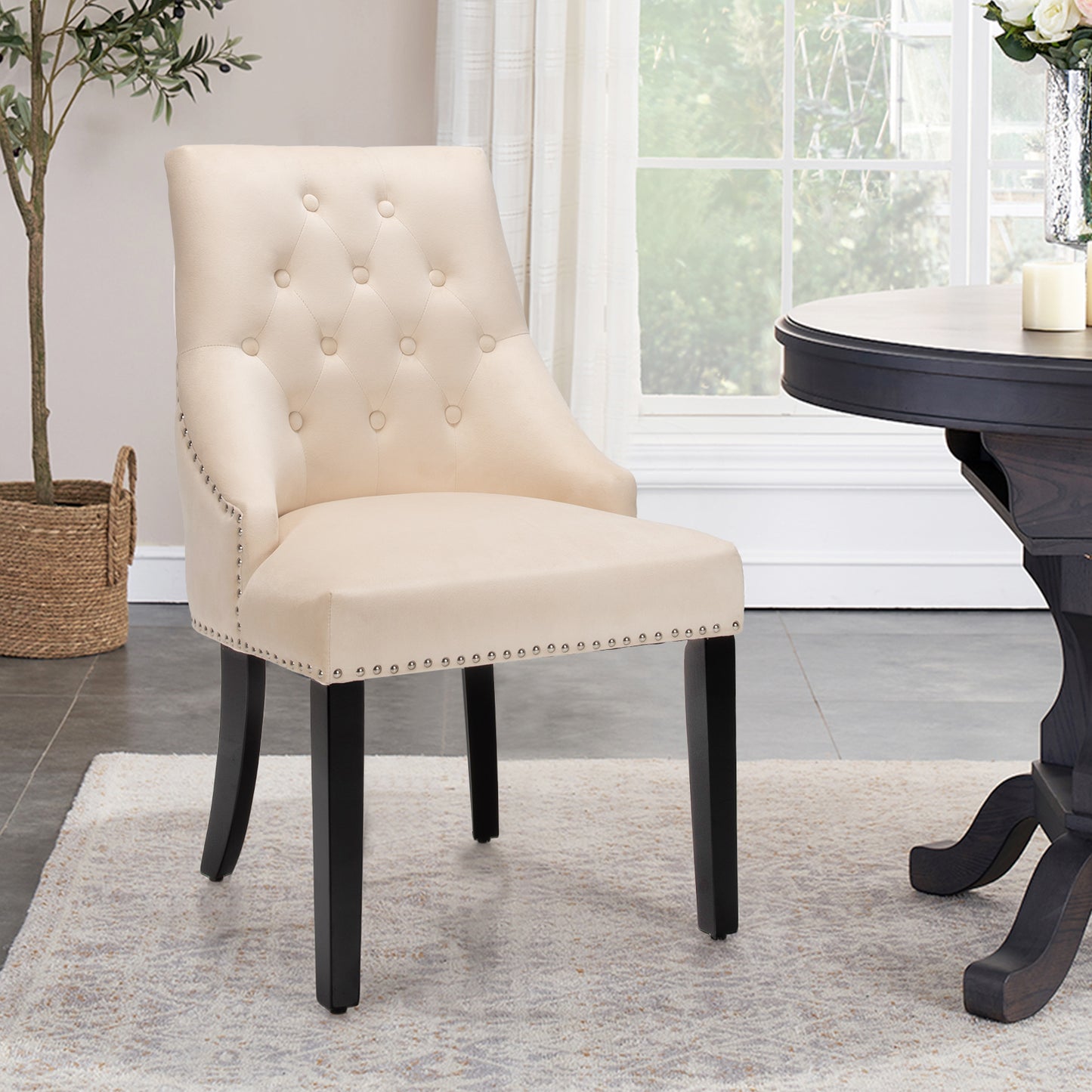 Modern Button-Tufted Velvet Studded Dining Chair with Nail head Trim-Beige