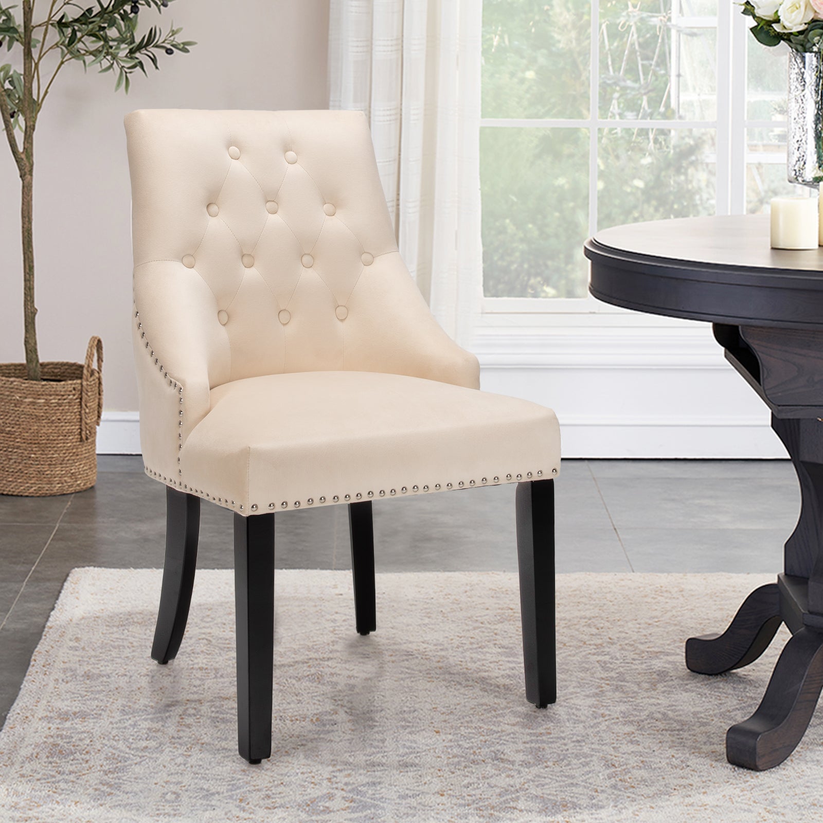 Modern Button-Tufted Velvet Studded Dining Chair with Nail head Trim-Beige