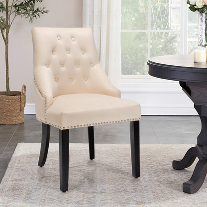 Modern Button-Tufted Velvet Studded Dining Chair with Nail head Trim-Beige