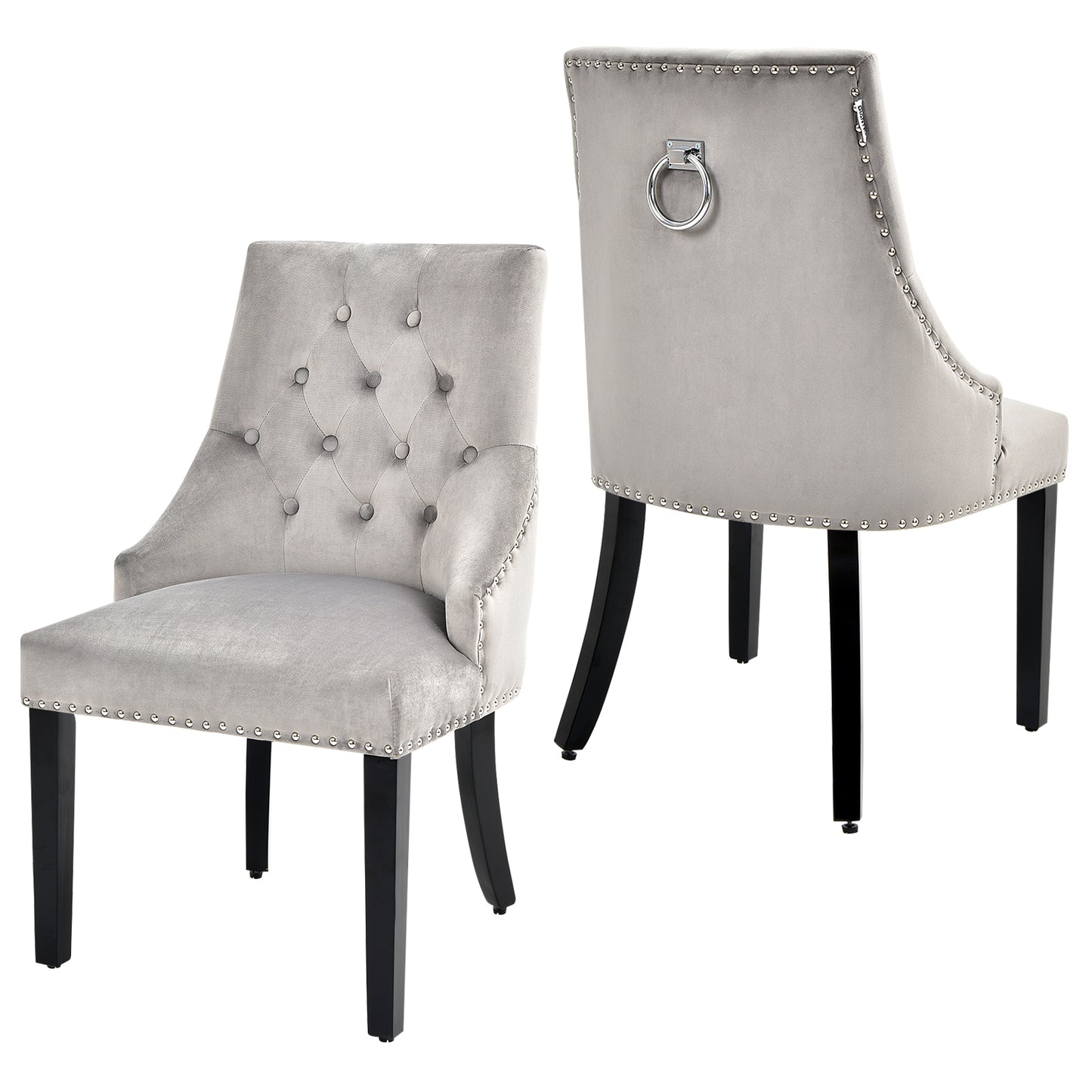 Modern Button-Tufted Velvet Studded Dining Chair with Nail head Trim-Grey