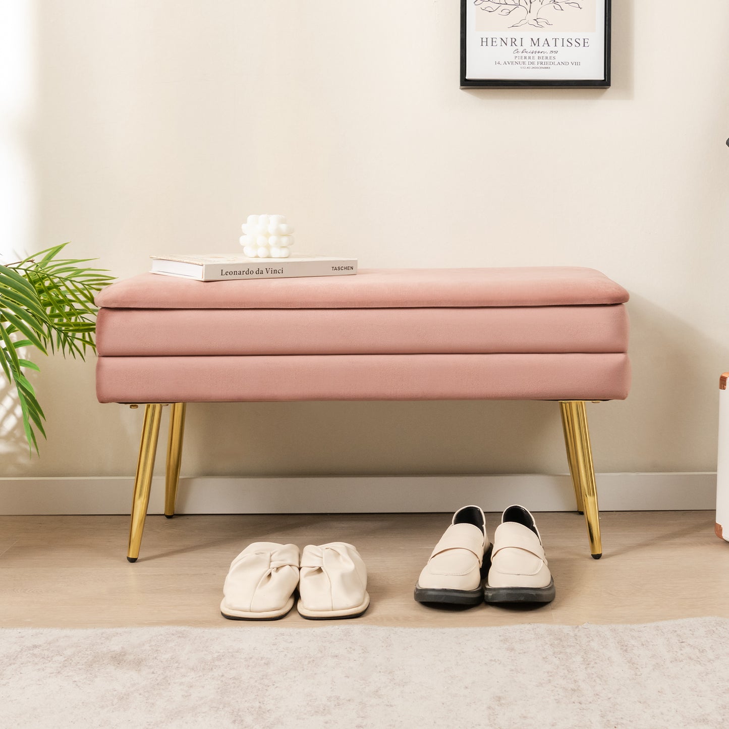 Velvet Upholstered Storage Bench with Removable Top-Pink