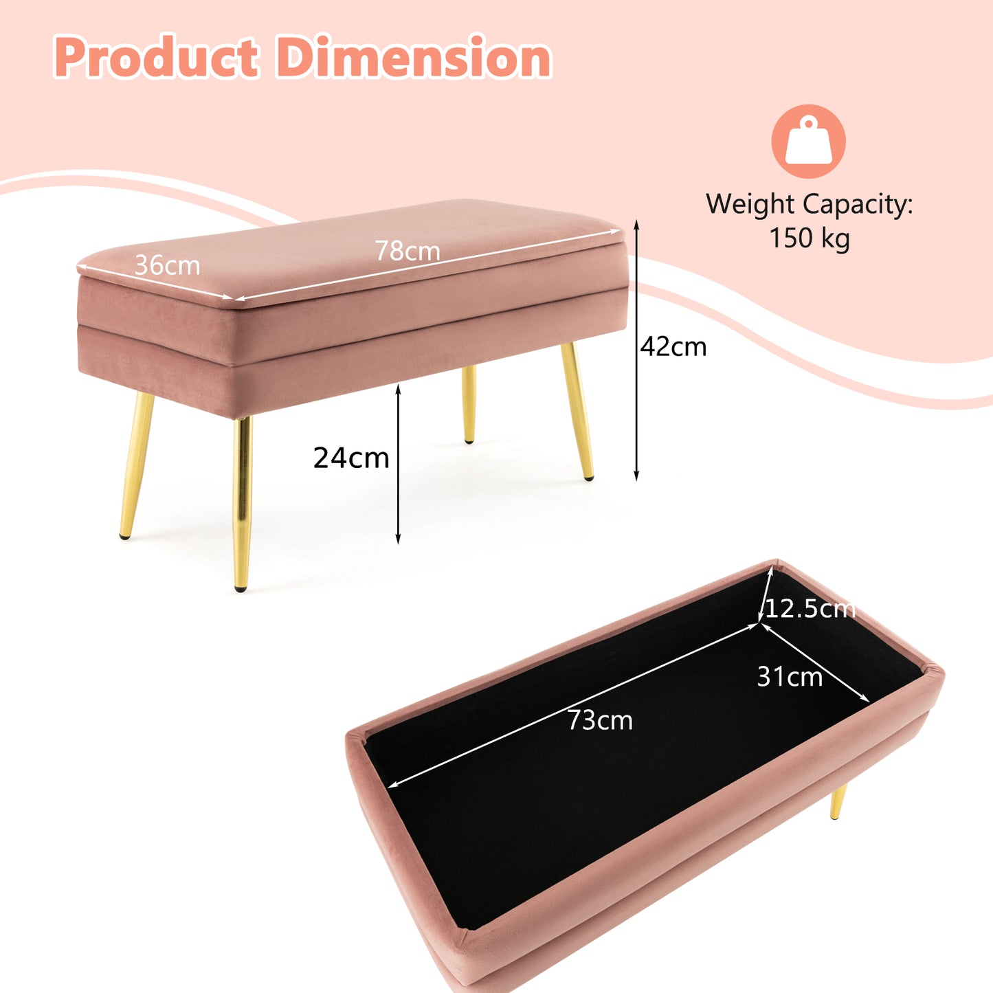 Velvet Upholstered Storage Bench with Removable Top-Pink