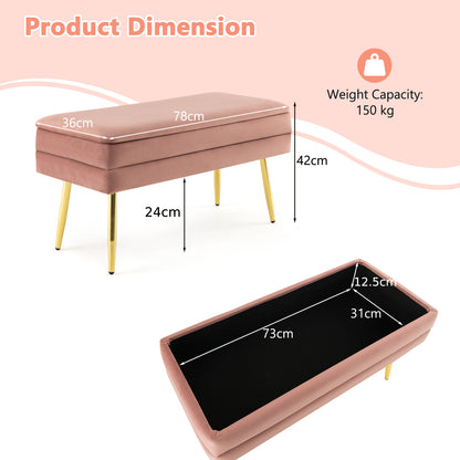Velvet Upholstered Storage Bench with Removable Top-Pink