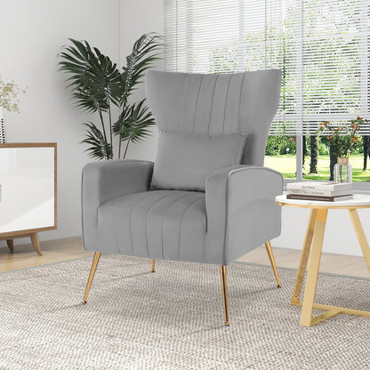 Velvet Upholstered Wingback Chair with Lumbar Pillow and Golden Metal Legs-Grey