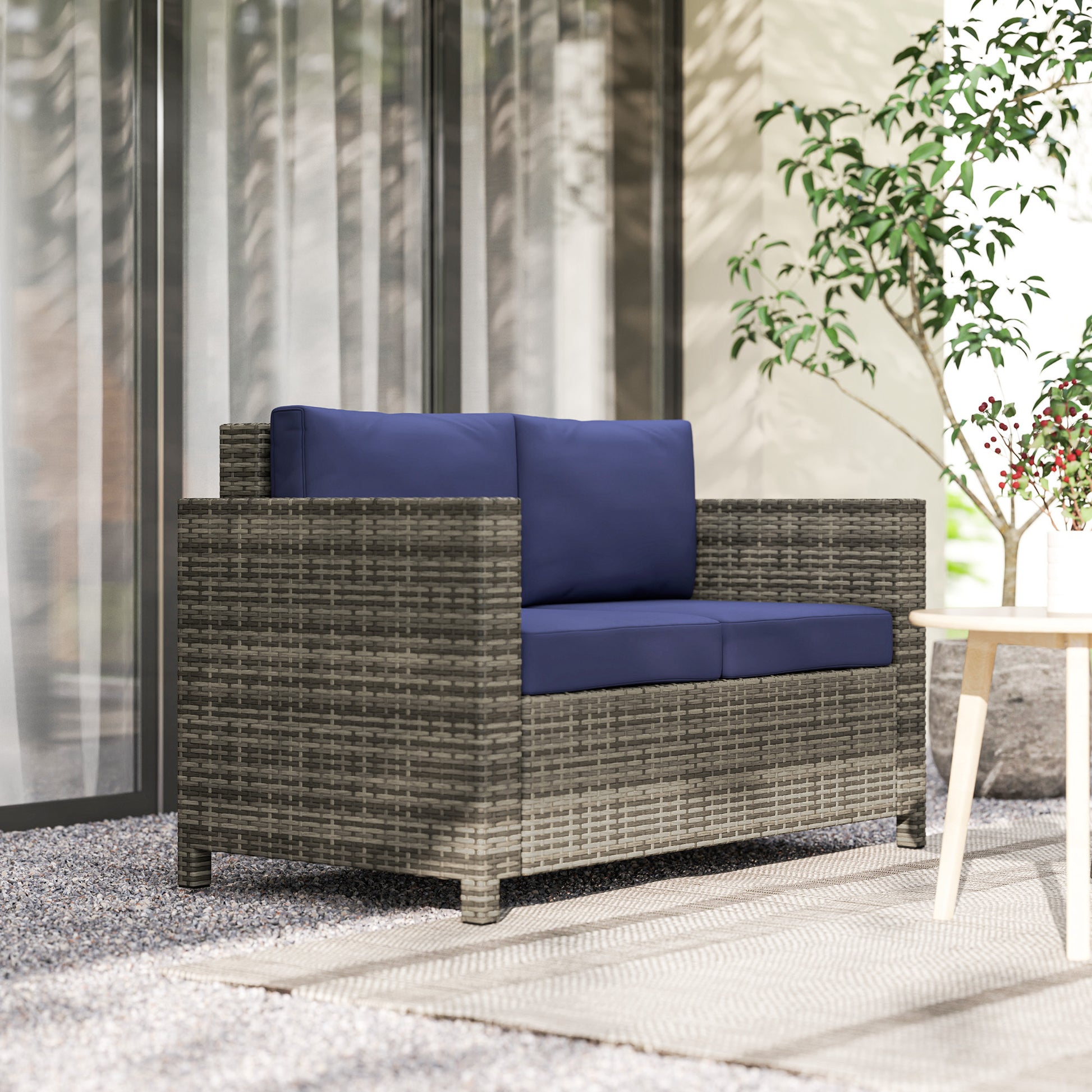Outsunny Rattan Sofa, 2 Seater Garden Furniture with Soft Padded Cushion and Armrests, Wicker Garden Loveseat for Patio, Navy Blue