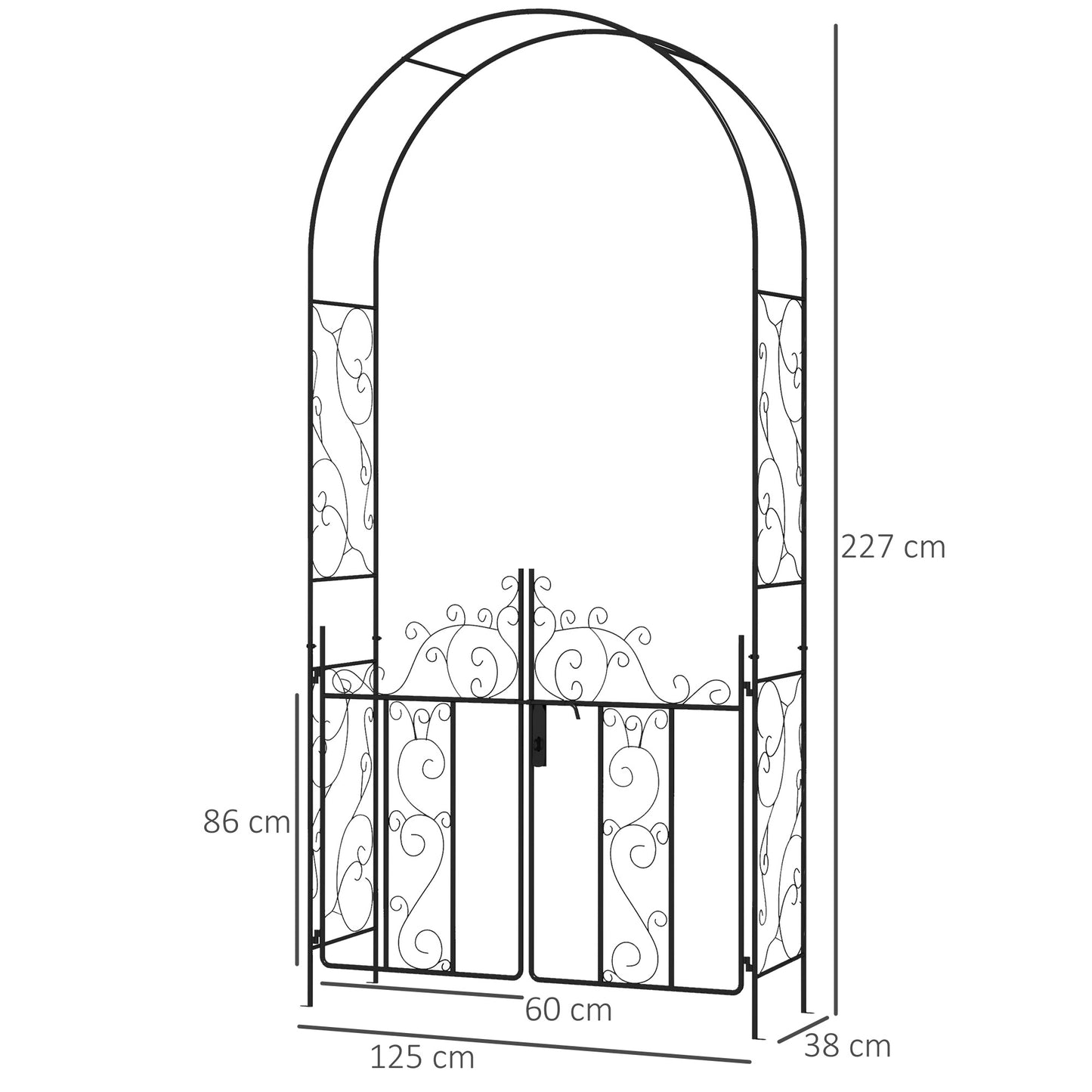 Outsunny Outdoor Garden Arch with Double Gates, Metal Garden Arbor for Climbing Plants, Roses, Vines, Wedding Arch for Outdoor, 125L x 38W x 227H cm, Black