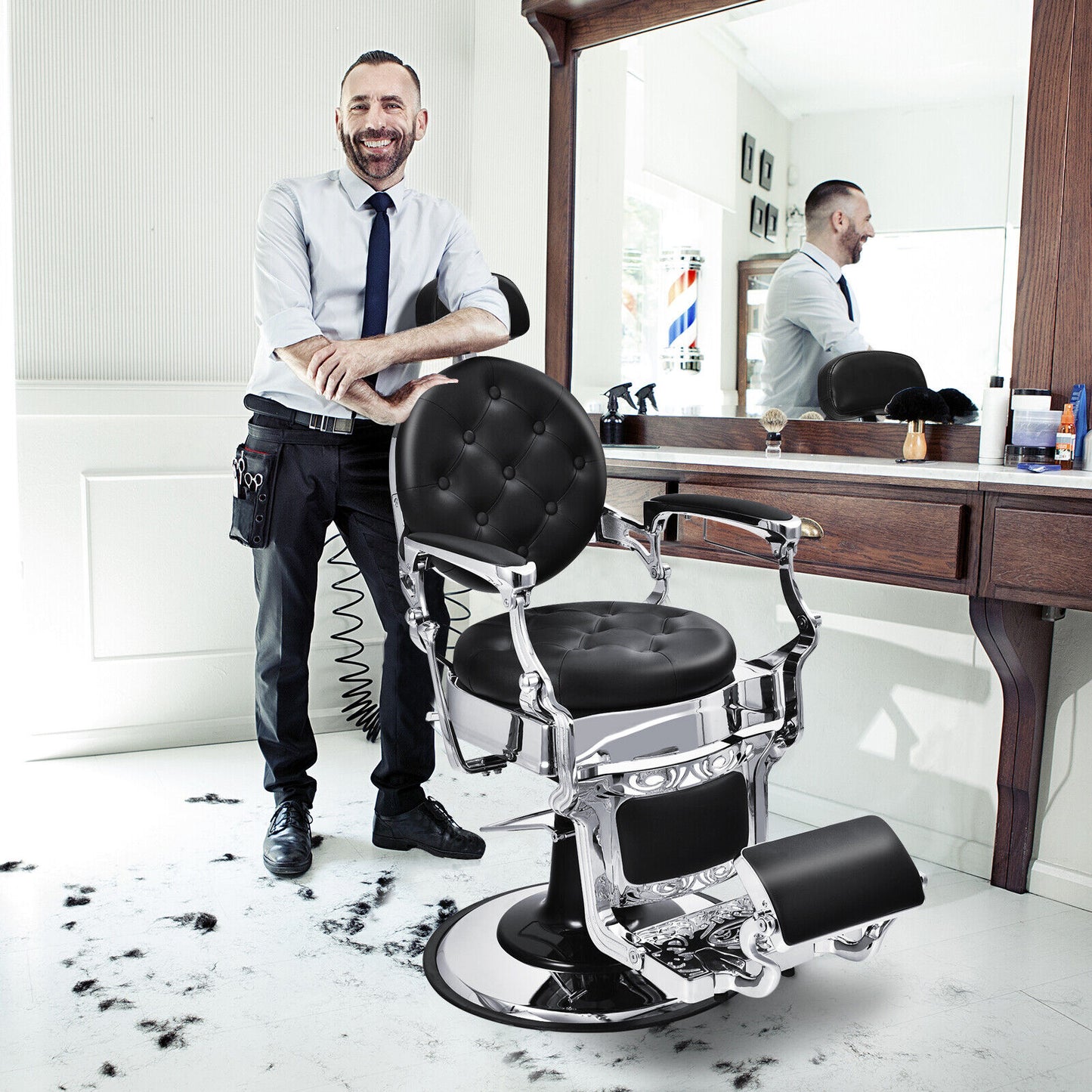 Height Adjustable 360° Swivel Vintage Salon Barber Chair-Black