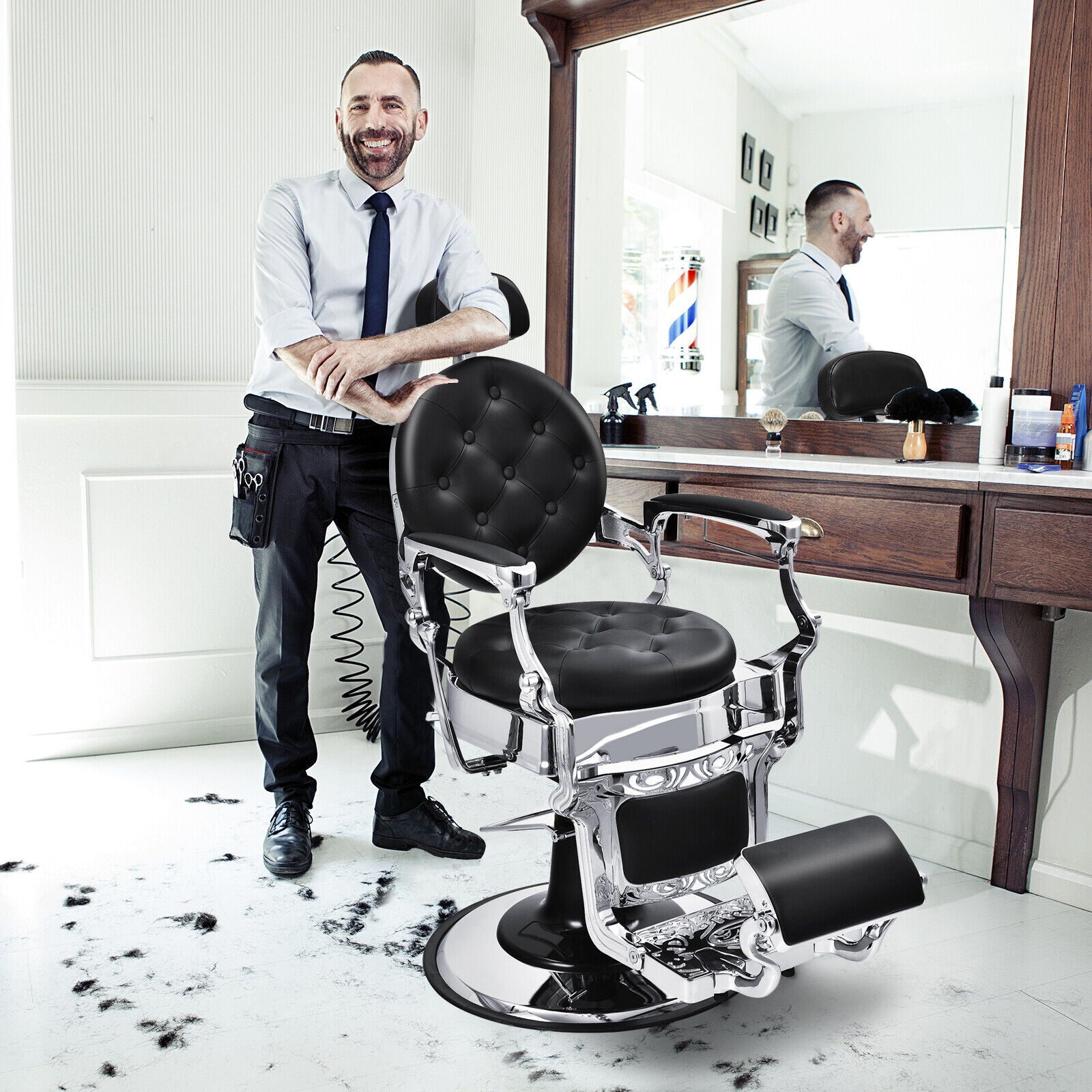 Height Adjustable 360° Swivel Vintage Salon Barber Chair-Black