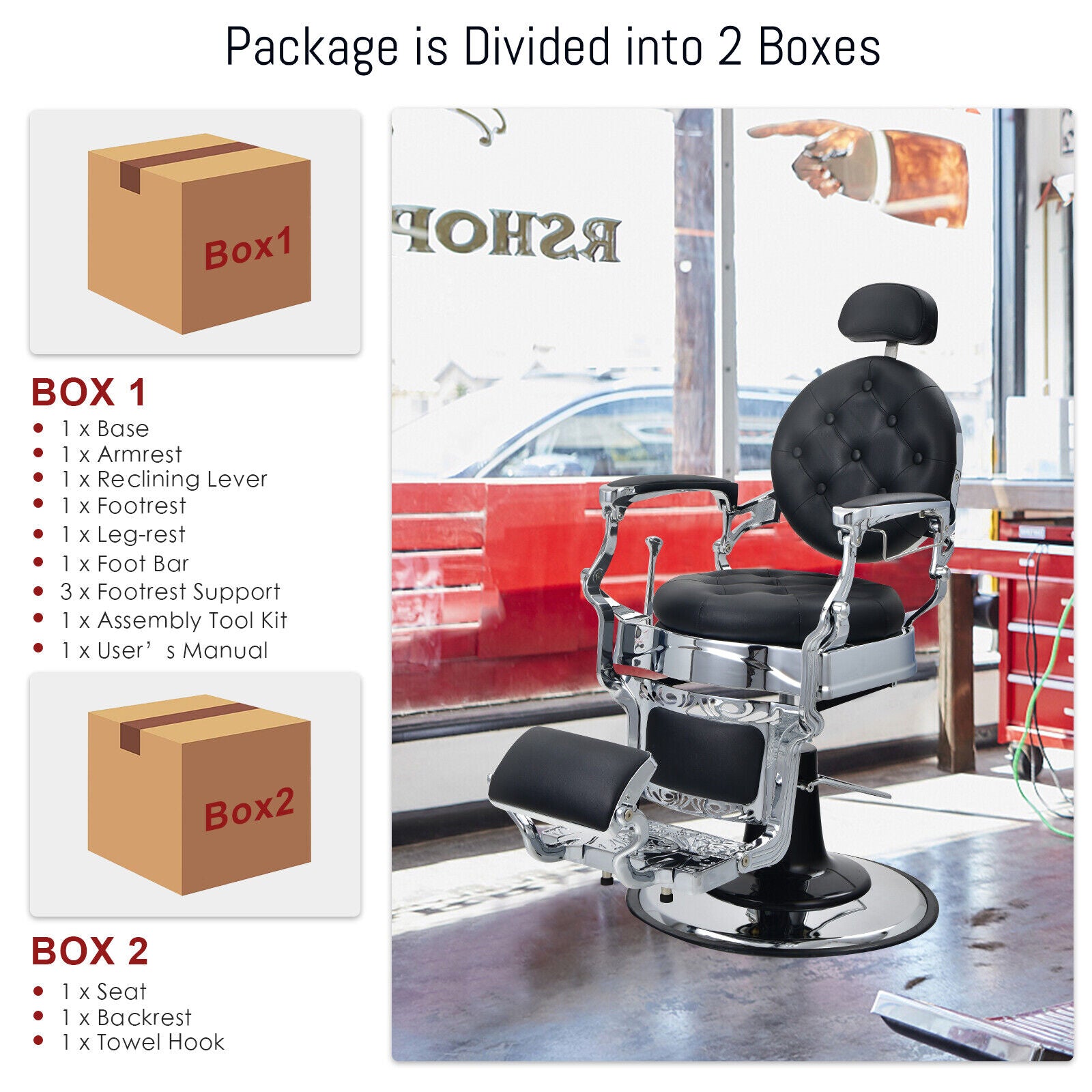 Height Adjustable 360° Swivel Vintage Salon Barber Chair-Black