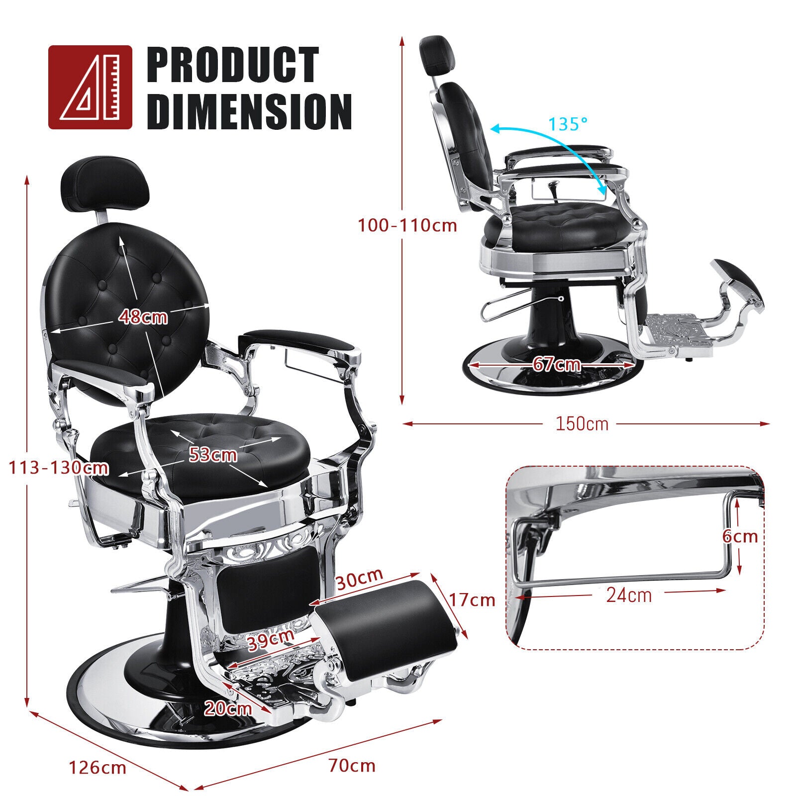 Height Adjustable 360° Swivel Vintage Salon Barber Chair-Black