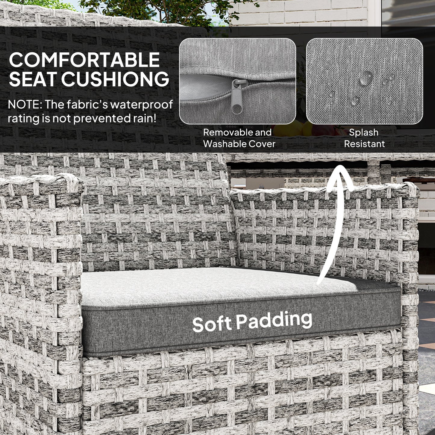 Outsunny Rattan Garden Furniture Set, Outdoor Dining Table and Chairs 4 Seater with Cushions, Square Tempered Glass Top, 4 Armchairs, for Balcony, Terrace, Conservatory, Mixed-Grey