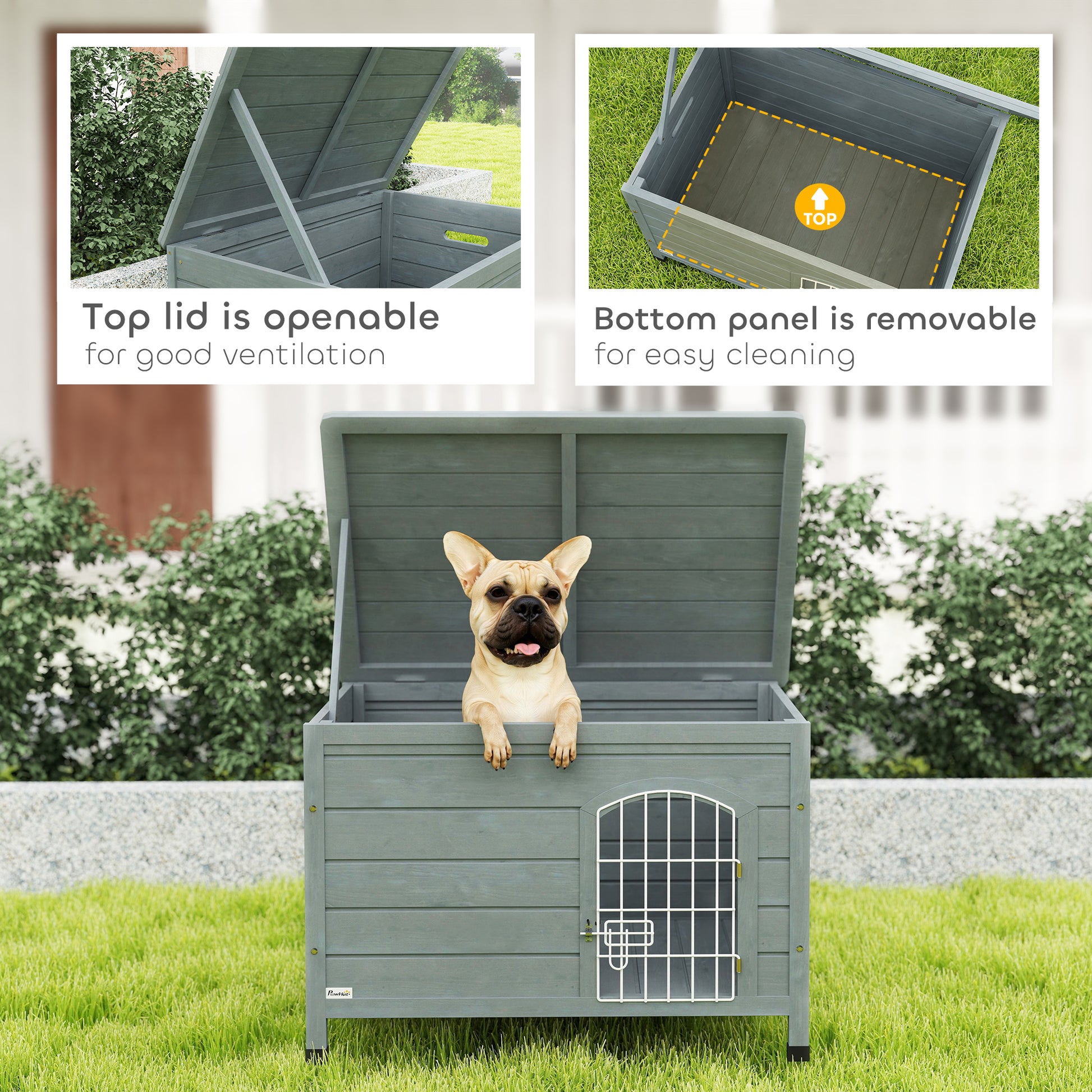 PawHut Wooden Dog House with Removable Bottom, Wire Door, Openable Top, Pet Shelter for Small Dog, 80 x 55 x 53.5cm, Dark Grey