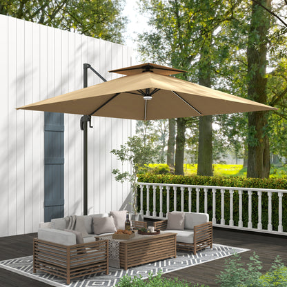 Outsunny 2.5m Cantilever Parasol with Solar Powered LED Lights, 360° Rotation, Tilt Adjustment, Crank Handle, Khaki