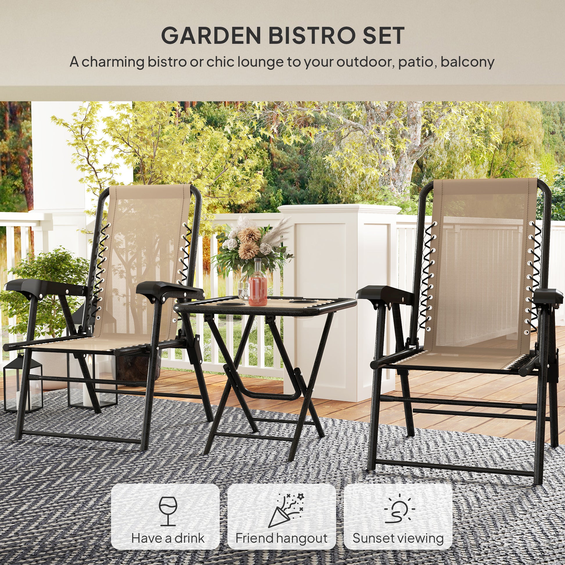 Outsunny Three-Piece Garden Table and Chair Set - Khaki