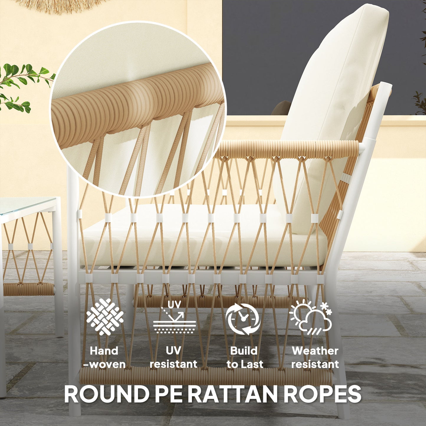 Outsunny 4 Piece Rattan Garden Furniture Set, 4 Seater Wicker Patio Conversation Set with 2 Armchairs, Loveseat, Glass Top Coffee Table and Cushions for Outdoor, Balcony, Khaki