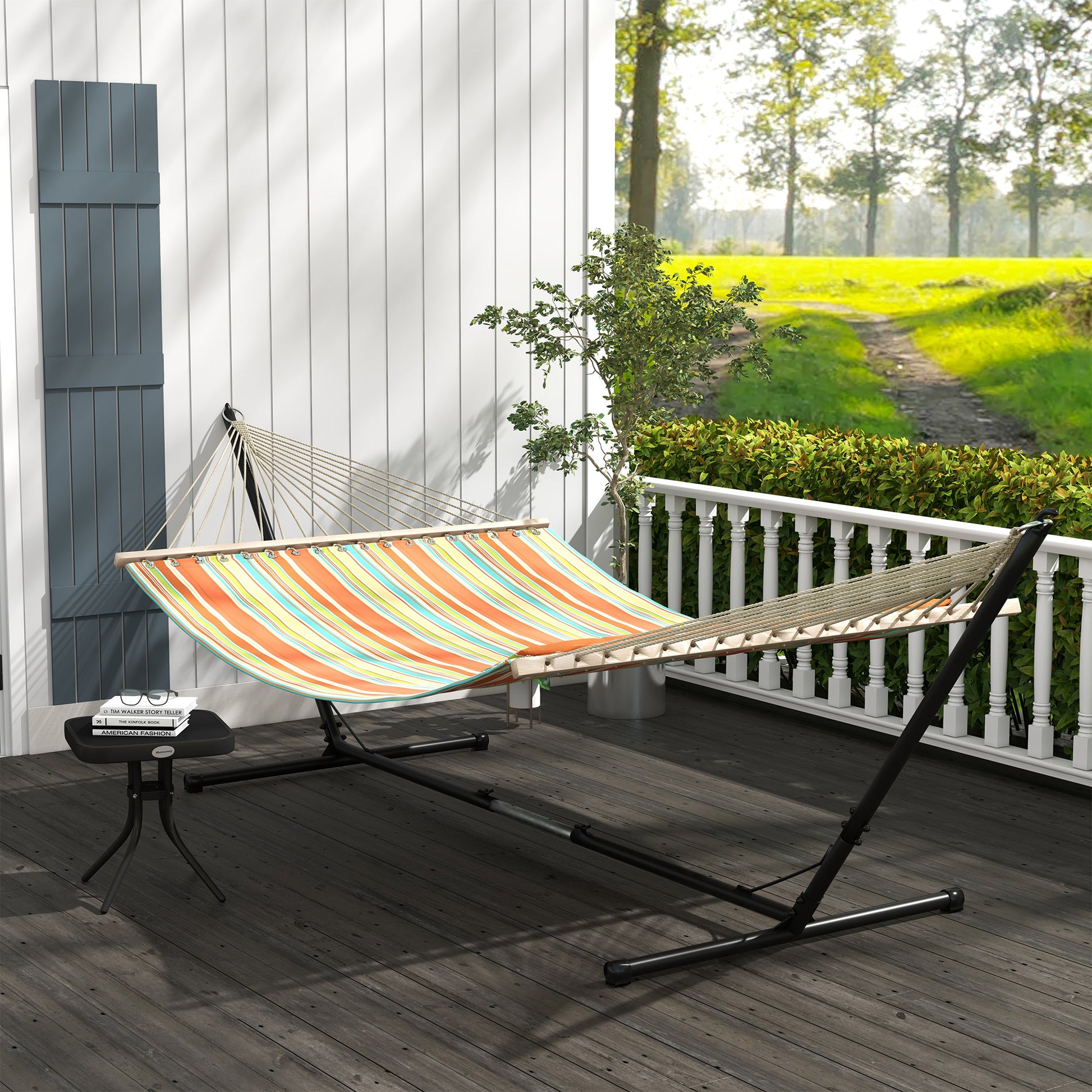 Outsunny Outdoor Garden Hammock with Stand, Double Cotton Hammock with Adjustable Steel Frame, Swing Hanging Bed with Pillow, for Garden, Patio, Beach, Red Stripes