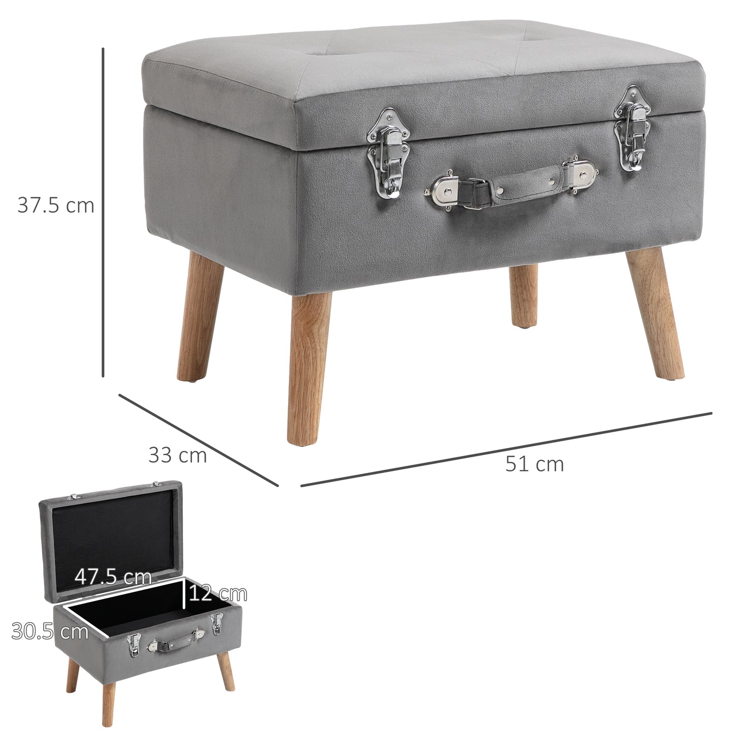 HOMCOM Faux Velvet Upholstered Ottoman Trunk w/ Wooden Legs Grey