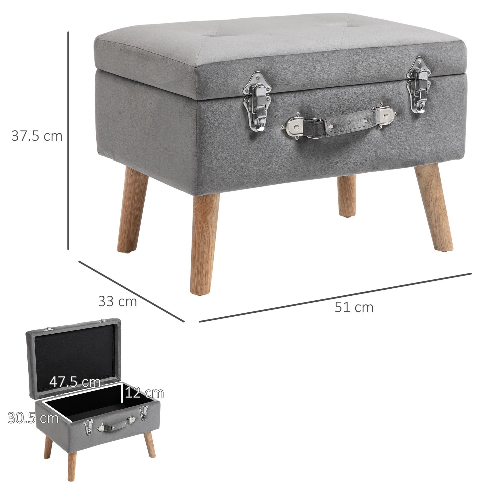 HOMCOM Faux Velvet Upholstered Ottoman Trunk w/ Wooden Legs Grey