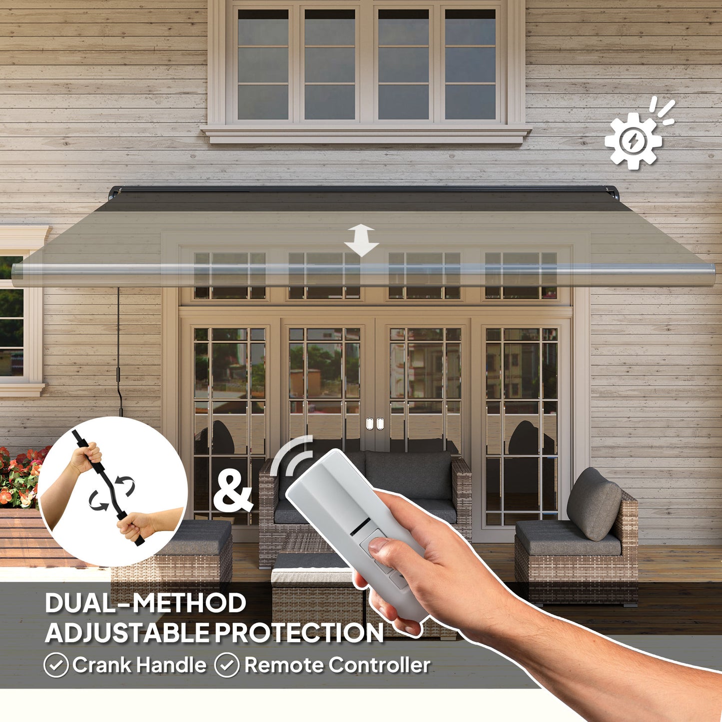 Outsunny 4 x 3(m) Full Cassette Electric Awning with Remote Controller, Aluminium Frame DIY Retractable Garden Awning, UPF50+ Sun Shade Canopy for Deck Door Window, Dark Grey