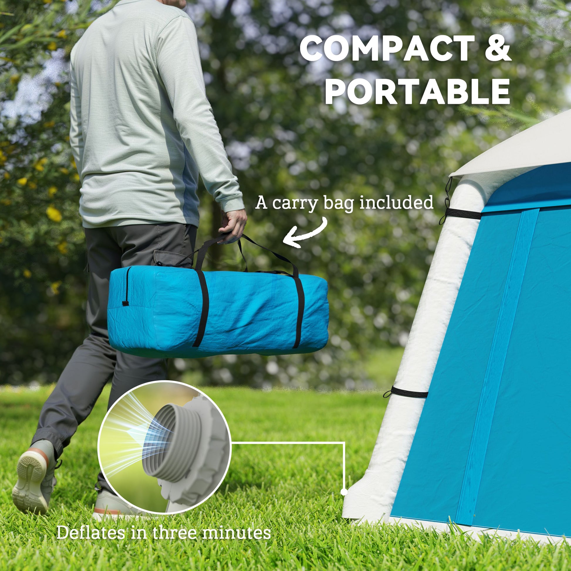 Outsunny Inflatable Camping Tent w/ Hand Pump, Easy Setup 1/2 Person Blow Up Tent Waterproof 190T Taffeta w/ Mesh Windows, Doors and Carry Bag, Light Blue