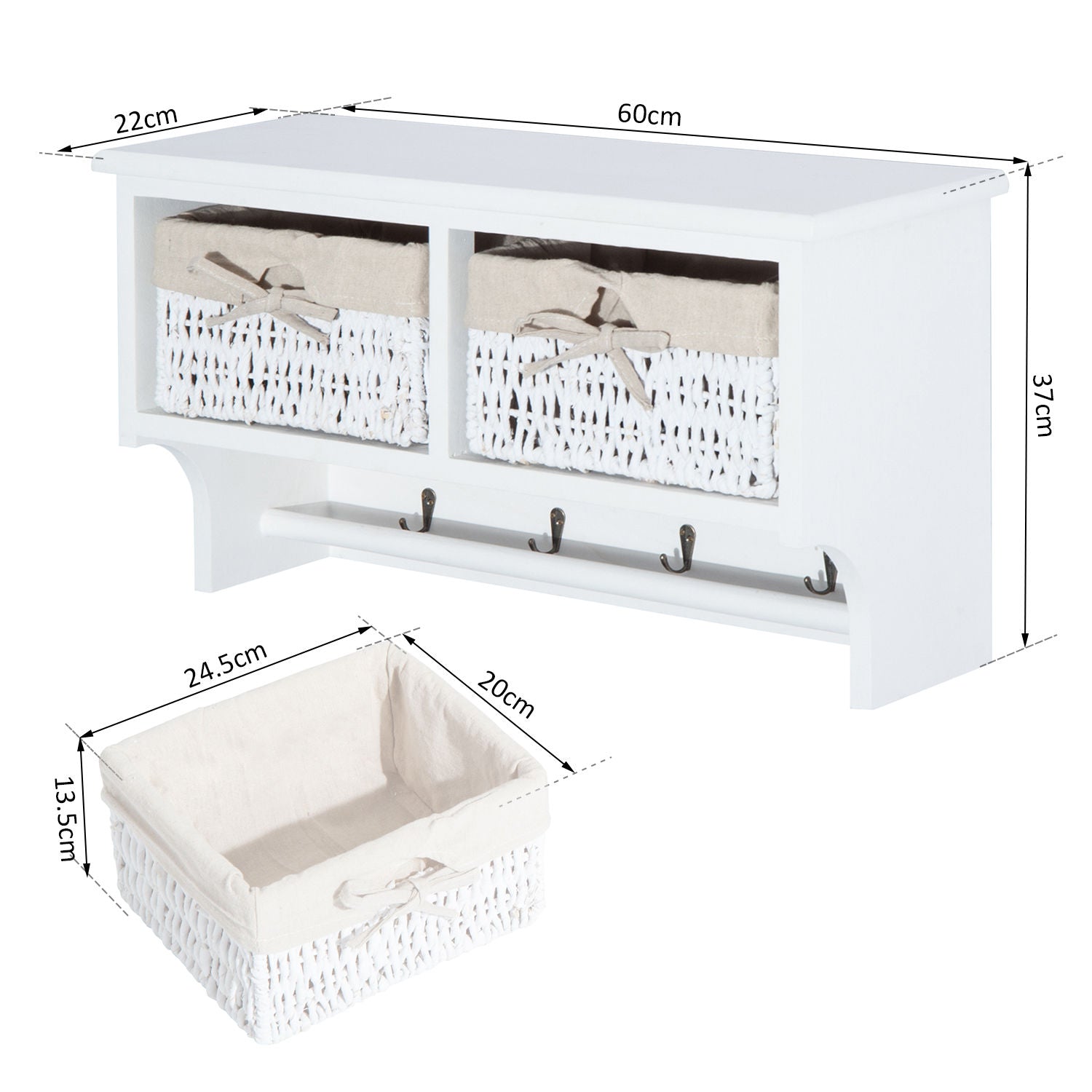 HOMCOM Entryway Coat Rack Wall Mounted Shelf w/Wicker Basket and Hooks (2 Baskets, White)