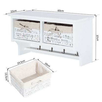 HOMCOM Entryway Coat Rack Wall Mounted Shelf w/Wicker Basket and Hooks (2 Baskets, White)