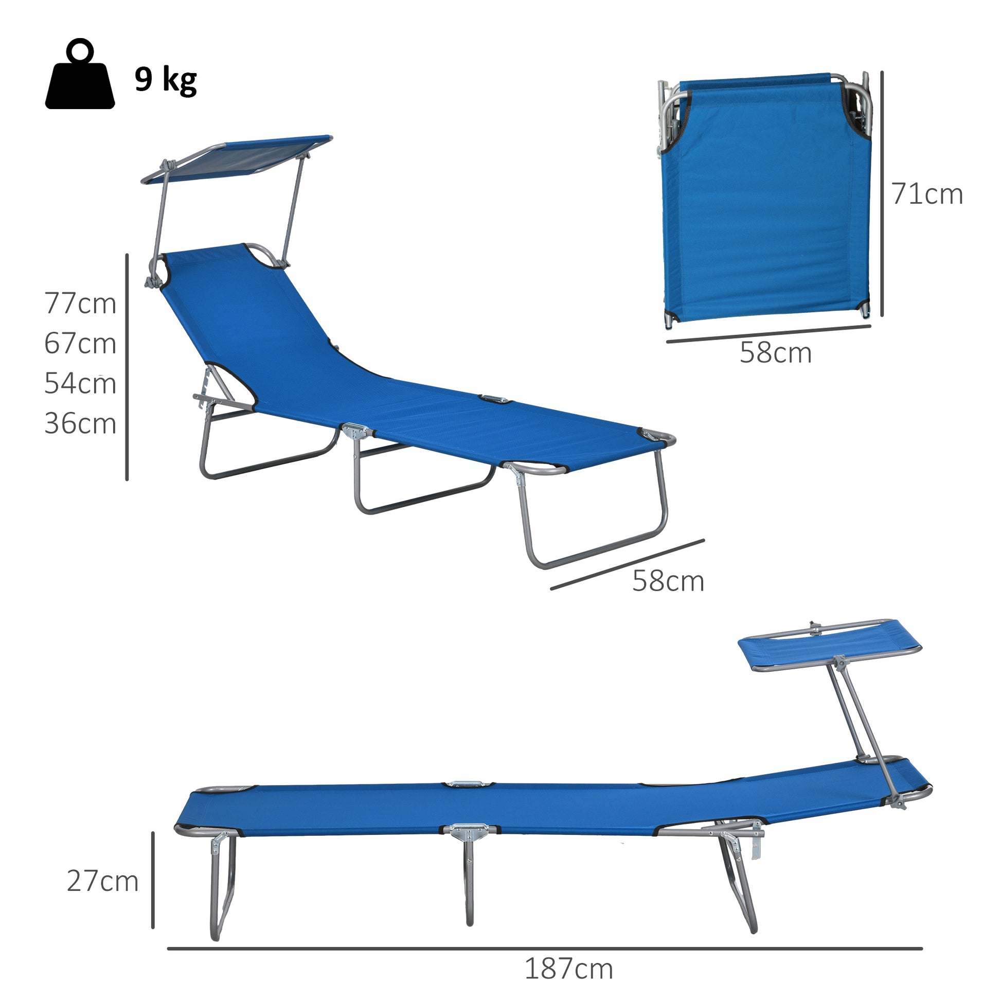 Outsunny Outdoor Foldable Sun Lounger Set of 2, 4 Level Adjustable Backrest Reclining Sun Lounger Chair with Angle Adjust Sun Shade Awning for Beach, Garden, Patio, Blue