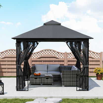 Outsunny 3 x 3(m) Garden Gazebo Patio Party Tent Shelter Outdoor Canopy Double Tier Sun Shade with Metal Frame and Netting, Dark Grey