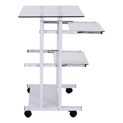 HOMCOM Computer Desk Glass Table Workstation Laptop pc desk mobile  with wheels White